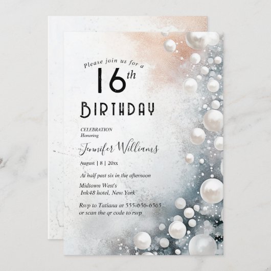 エレガントホワイトパール16th birthday party 招待状 (正面/裏面)