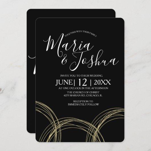 エレガントホワイトブラックフォイルリングや輪結婚ズスイート 招待状 (正面/裏面)