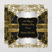 エレガントホワイトブラック金ゴールド華美誕生日パーティー 招待状 (正面/裏面)