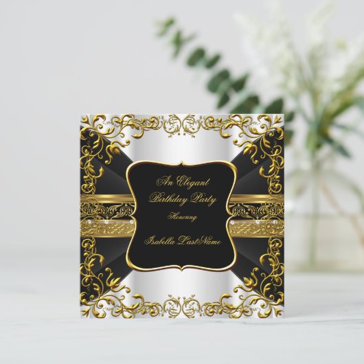 エレガントホワイトブラック金ゴールド華美誕生日パーティー 招待状 (スタンド正面)