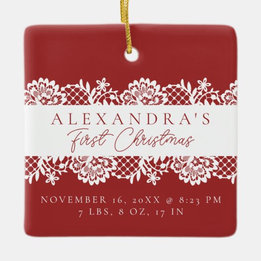 エレガントホワイトレースベビー初めてのクリスマス写真 セラミックオーナメント (正面)