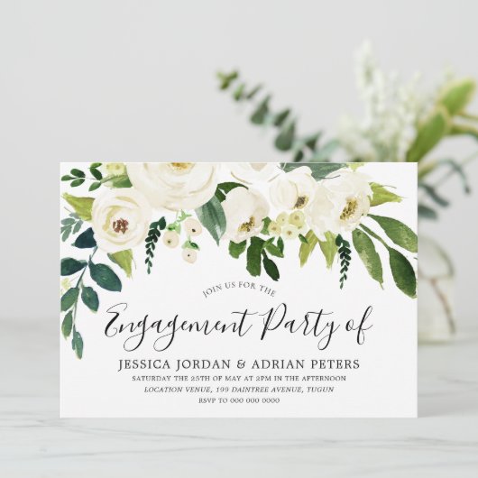 エレガントホワイトローズモダン婚約パーティ 招待状 (スタンド正面)