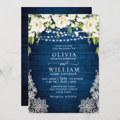 エレガントホワイトローズ素朴レースブルー結婚ウッド 招待状 (正面/裏面)