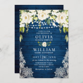 エレガントホワイトローズ素朴レースブルー結婚ウッド 招待状 (正面/裏面)