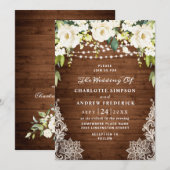 エレガントホワイトローズ素朴レース結婚ウッド 招待状 (正面/裏面)