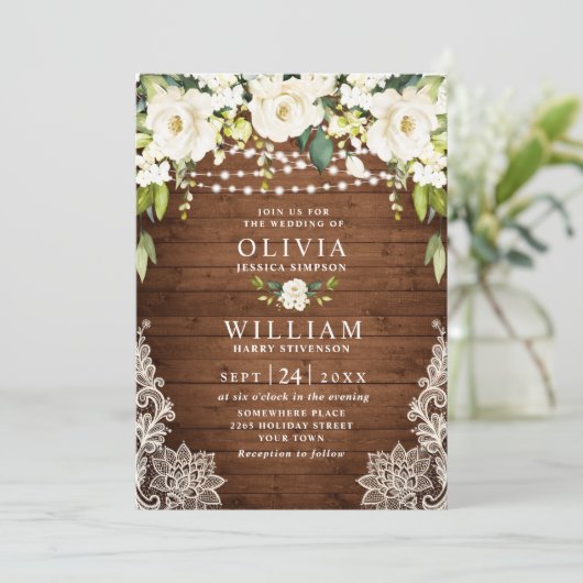 エレガントホワイトローズ素朴レース結婚ウッド 招待状 (スタンド正面)