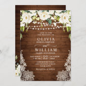 エレガントホワイトローズ素朴レース結婚ウッド 招待状 (正面/裏面)