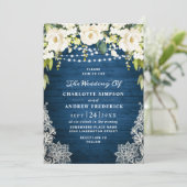 エレガントホワイトローズ素朴レース結婚ウッド 招待状 (スタンド正面)