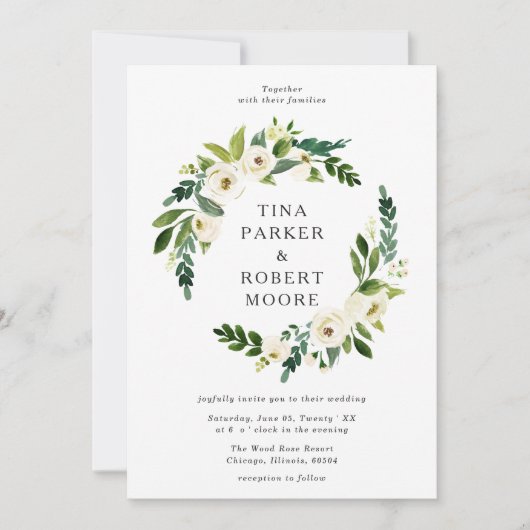 エレガントホワイトローズ結婚グリーンリーモノグラムの 招待状 (正面)