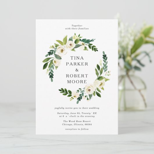 エレガントホワイトローズ結婚グリーンリーモノグラムの 招待状 (スタンド正面)