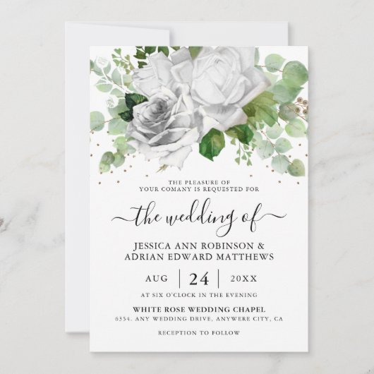 エレガントホワイトローズ&ユーカリプトゥスグリーンリー結婚ズ 招待状 (正面)
