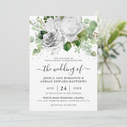 エレガントホワイトローズ&ユーカリプトゥスグリーンリー結婚ズ 招待状 (スタンド正面)