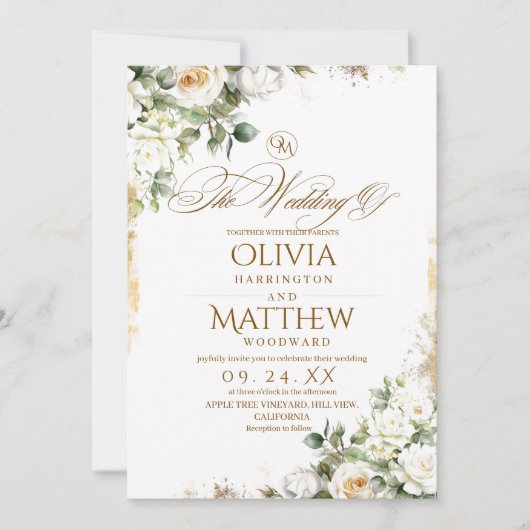 エレガントホワイトローズ&金ゴールドフローラ結婚ズ 招待状 (正面)