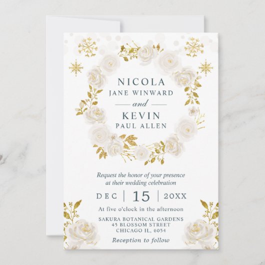 エレガントホワイト&金ゴールドウィンターフローラ結婚リース 招待状 (正面)
