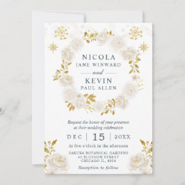 エレガントホワイト&金ゴールドウィンターフローラ結婚リース 招待状