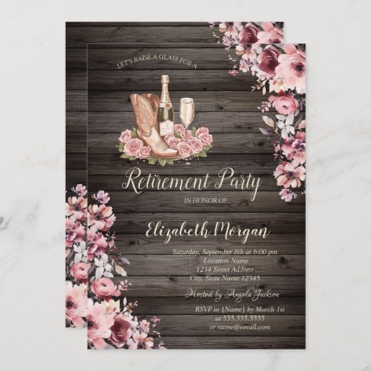 エレガントボトル、ガラス、ブーツフローラ退職 招待状 (正面/裏面)