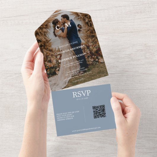 エレガントボホフォトカップル | ダスティーブルーウェディング オールインワン招待状 (貼ってはがせる)