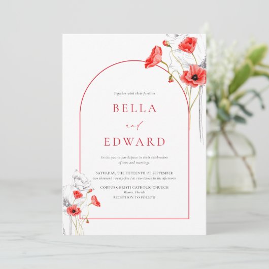 エレガントポピー赤い水の色のワイルドフラワー結婚ズ 招待状 (スタンド正面)