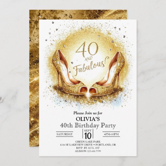 エレガントマイルストーンデジタル金ゴールド40th Birthday 招待状 (正面/裏面)