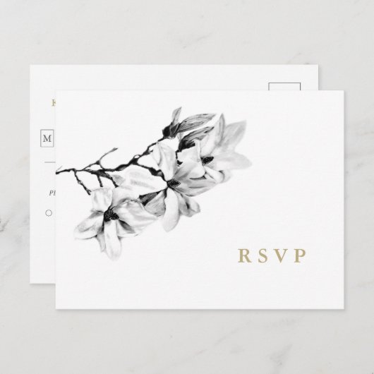エレガントマグノリア結婚式RSVPと食事の選択 インビテーションポストカード (正面/裏面)