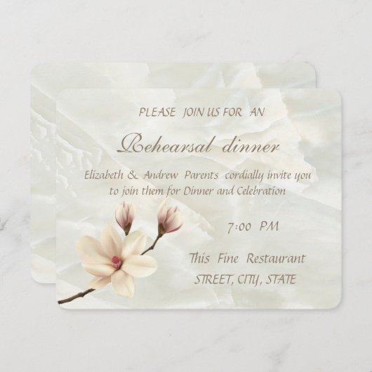 エレガントマグノリア、ホワイトマーブルリハーサルディナー 招待状 (正面/裏面)