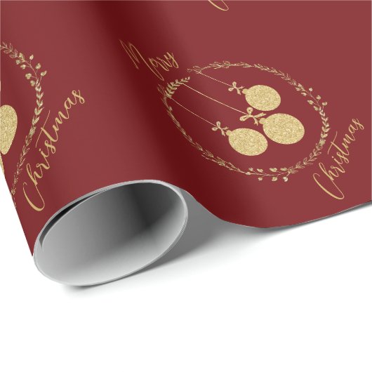 エレガントマルーン金ゴールドグリッターリースメリークリスマス ラッピングペーパー (ロールコーナー)