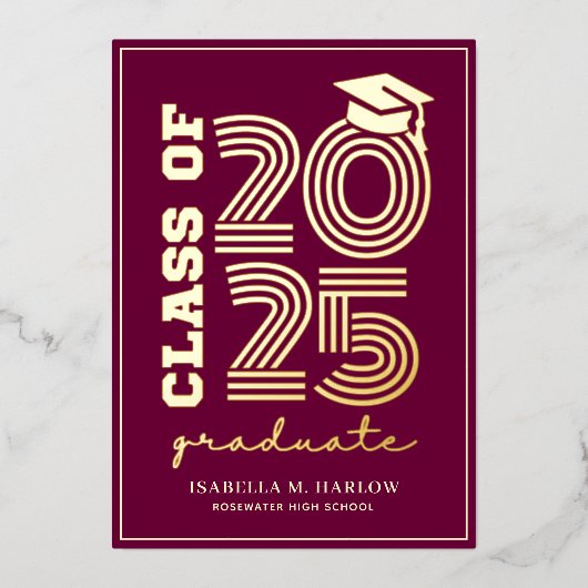 エレガントマルーン高校の卒業金ゴールド 箔招待状 (正面)