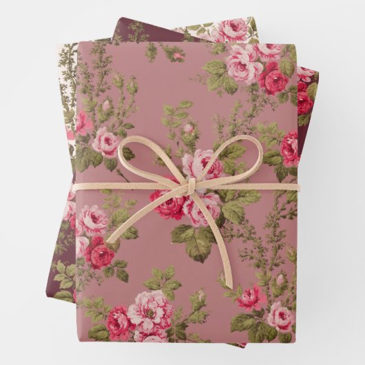 エレガントマルーン/バフ/旧バラのピンクのヴィンテージバラ ラッピングペーパーシート (インサイチュ)