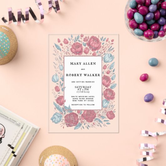 エレガントマーブピンクのライトブルーフローラフレ結婚ーム アクリル招待状 (インサイチュ (お祝い))