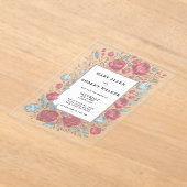 エレガントマーブピンクのライトブルーフローラフレ結婚ーム アクリル招待状 (レイダウン)