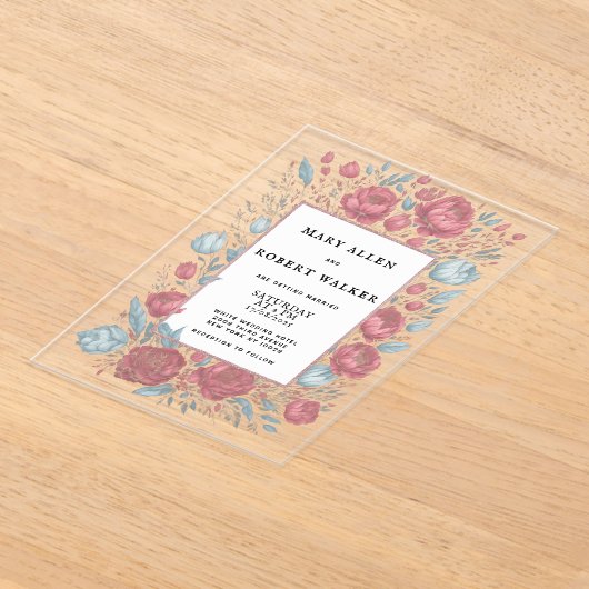 エレガントマーブピンクのライトブルーフローラフレ結婚ーム アクリル招待状 (レイダウン)