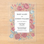 エレガントマーブピンクのライトブルーフローラフレ結婚ーム アクリル招待状 (正面)