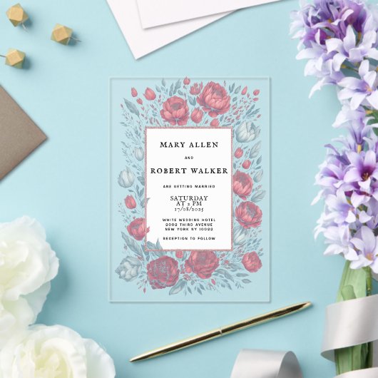 エレガントマーブピンクのライトブルーフローラフレ結婚ーム アクリル招待状 (インサイチュ (ウェディング))
