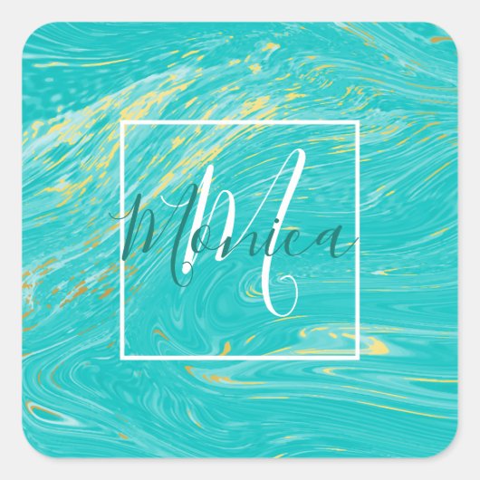 エレガントマーブルラグジュアリーブルー金ゴールドモノグラムデザイン スクエアシール (正面)