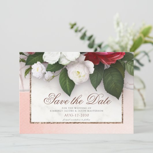 エレガントマーブルラグジュアリー金ゴールド結婚フローラ セーブザデート (スタンド正面)