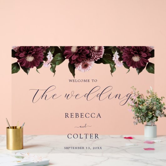 エレガントミッドナイトブルーブルゴーニュ結婚フローラ アクリルサイン (ウェディング)