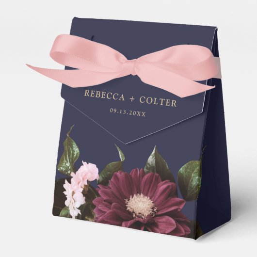 エレガントミッドナイトブルーブルゴーニュ結婚フローラ フェイバーボックス (正面サイド)