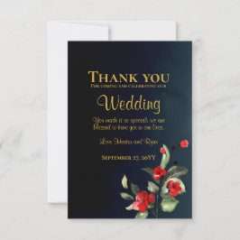エレガントミッドナイトブルー金ゴールドレッドフローラ結婚ズ サンキューカード