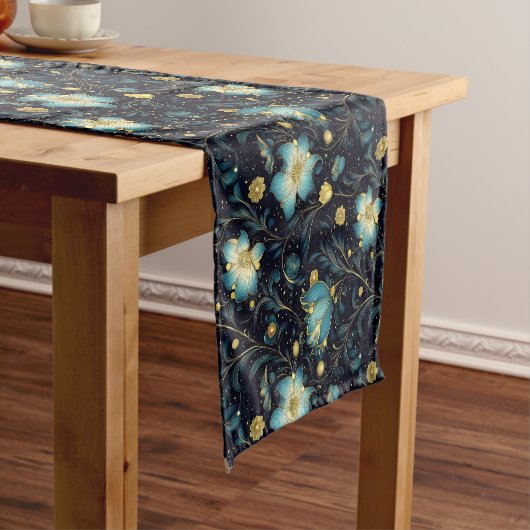 エレガントミッドナイトブルー&金ゴールドフローラクリスマス ショートテーブルランナー (インサイチュ)
