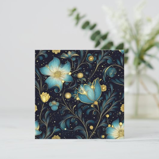 エレガントミッドナイトブルー&金ゴールドフローラクリスマス シーズンカード (スタンド正面)