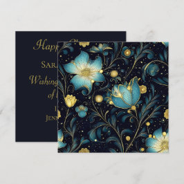 エレガントミッドナイトブルー&金ゴールドフローラクリスマス シーズンカード