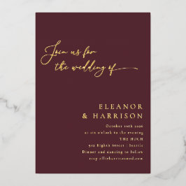 エレガントミニマモダンリストBurgundy結婚 Script 箔招待状