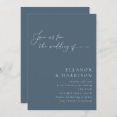 エレガントミニマモダンリストDark Blueスクリプ結婚ト 招待状 (正面/裏面)