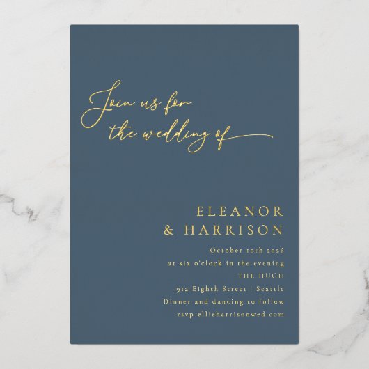 エレガントミニマモダンリストDark Blueスクリプ結婚ト 箔招待状 (正面)