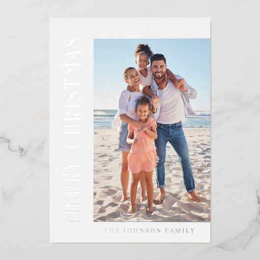 エレガントミニマルなクリスマスフォトシルバー 箔シーズンカード (正面)