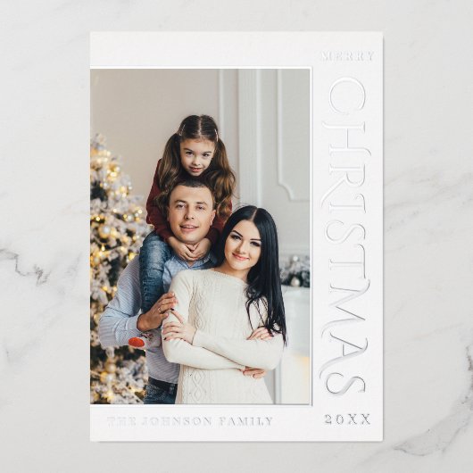 エレガントミニマルなクリスマスフォトシルバー 箔シーズンカード (正面)