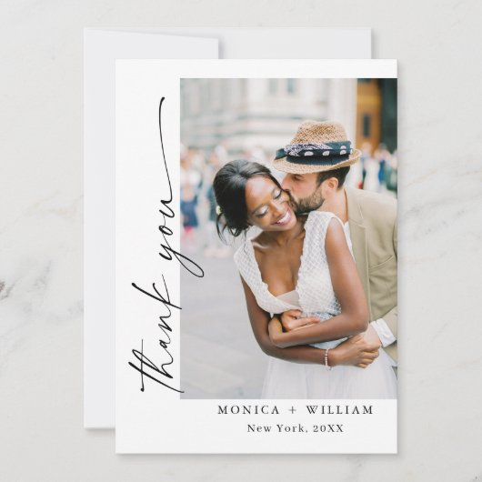 エレガントミニマルな手書き結婚の5枚の写真 サンキューカード (正面)