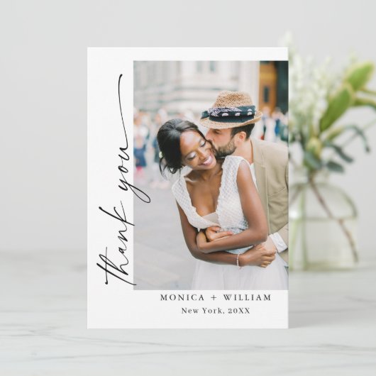 エレガントミニマルな手書き結婚の5枚の写真 サンキューカード (スタンド正面)