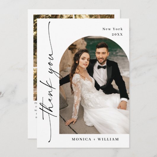 エレガントミニマルな手書き結婚の5枚の写真 サンキューカード (正面/裏面)