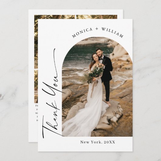 エレガントミニマルな手書き結婚の5枚の写真 サンキューカード (正面/裏面)